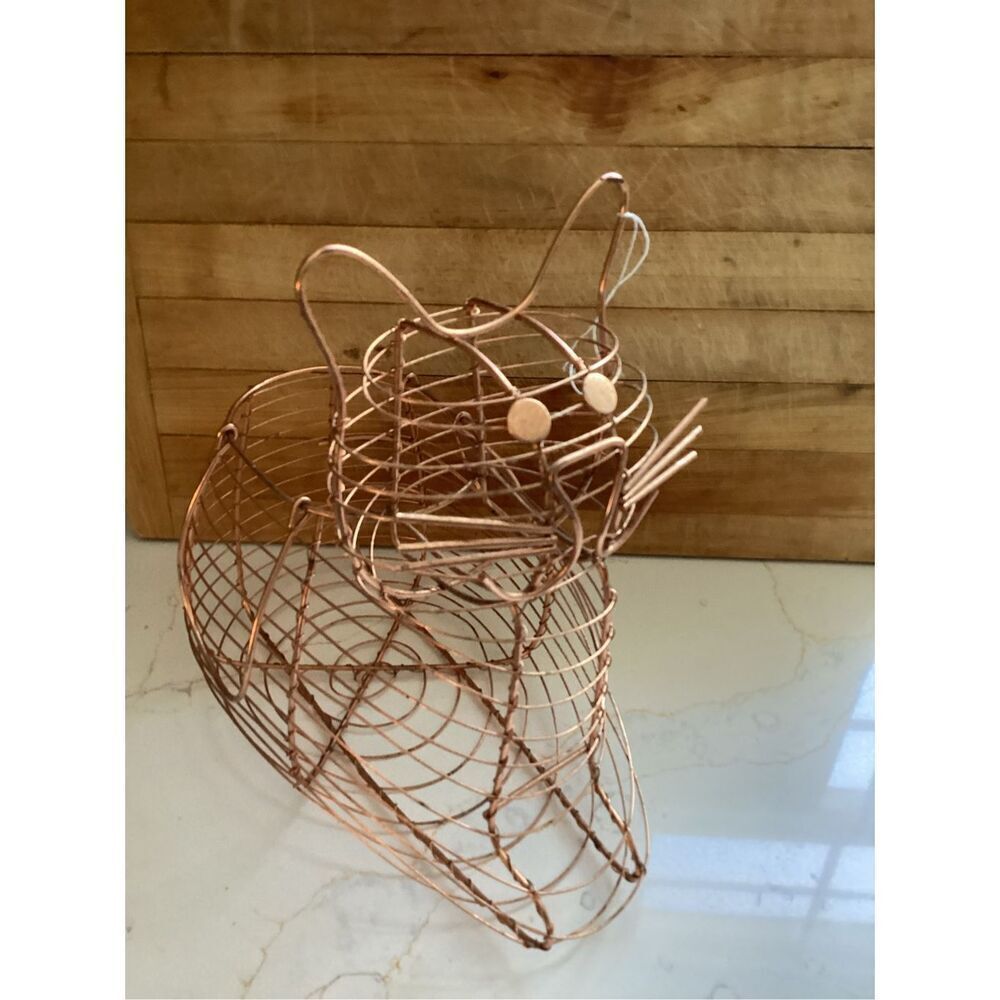 Copper Cat Wire Egg Basket Farmhouse Metal Decor 10” Tall